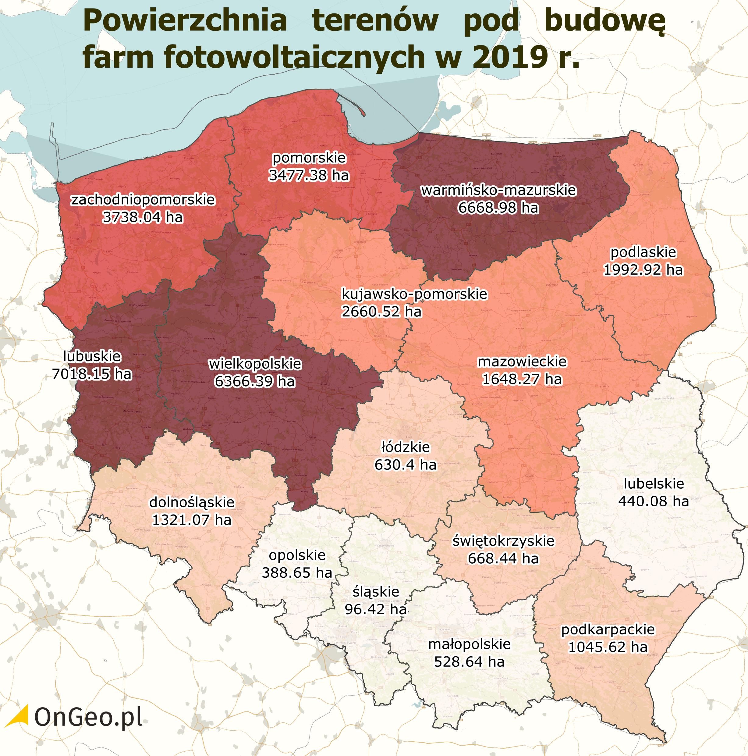 Mapa - powierzchnie farm fotowoltaicznych, pozwolenia na budowę