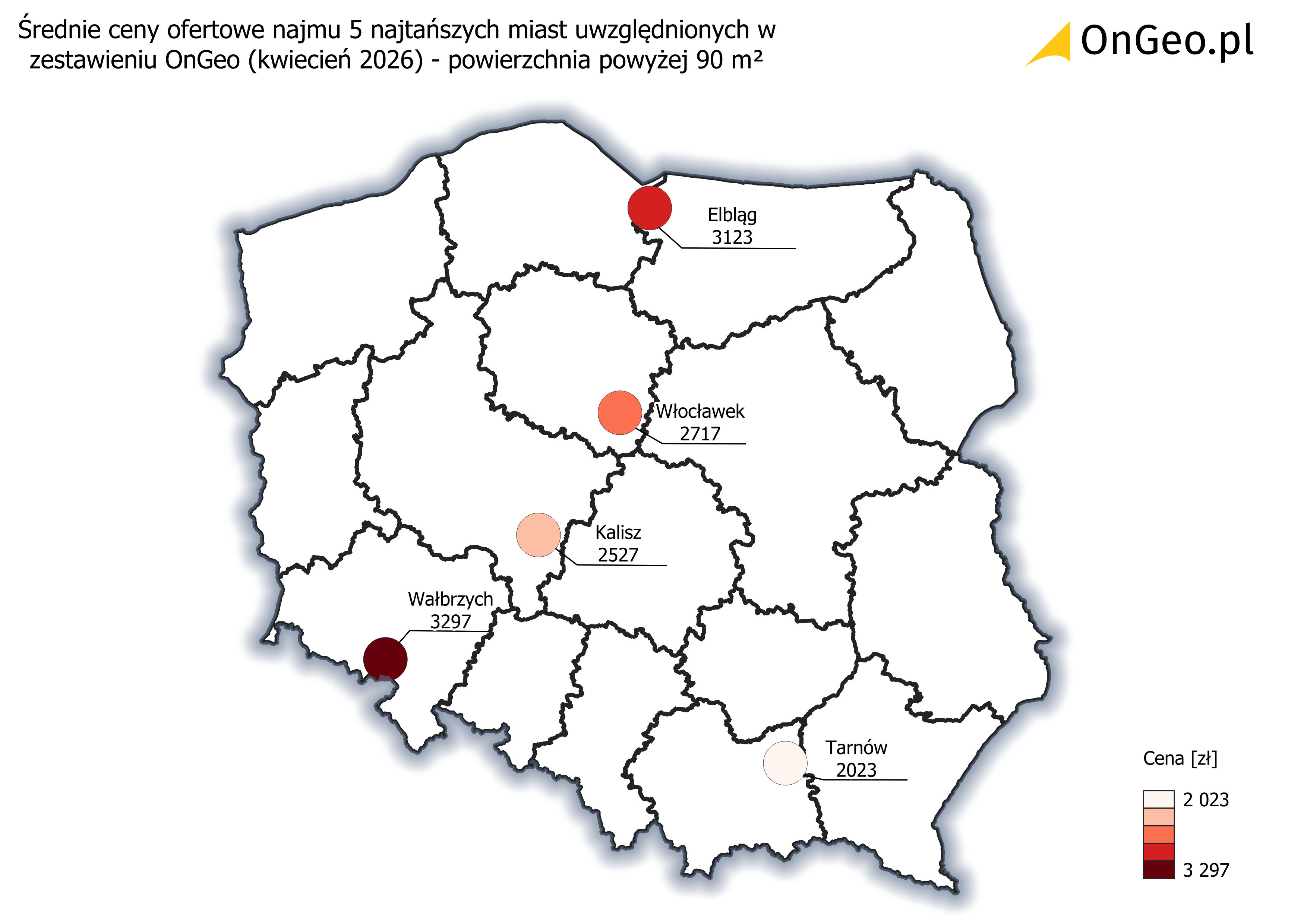 Średnie ceny ofertowe najmu >90 m² - 5 najtańszych miast, kwiecień 2026.