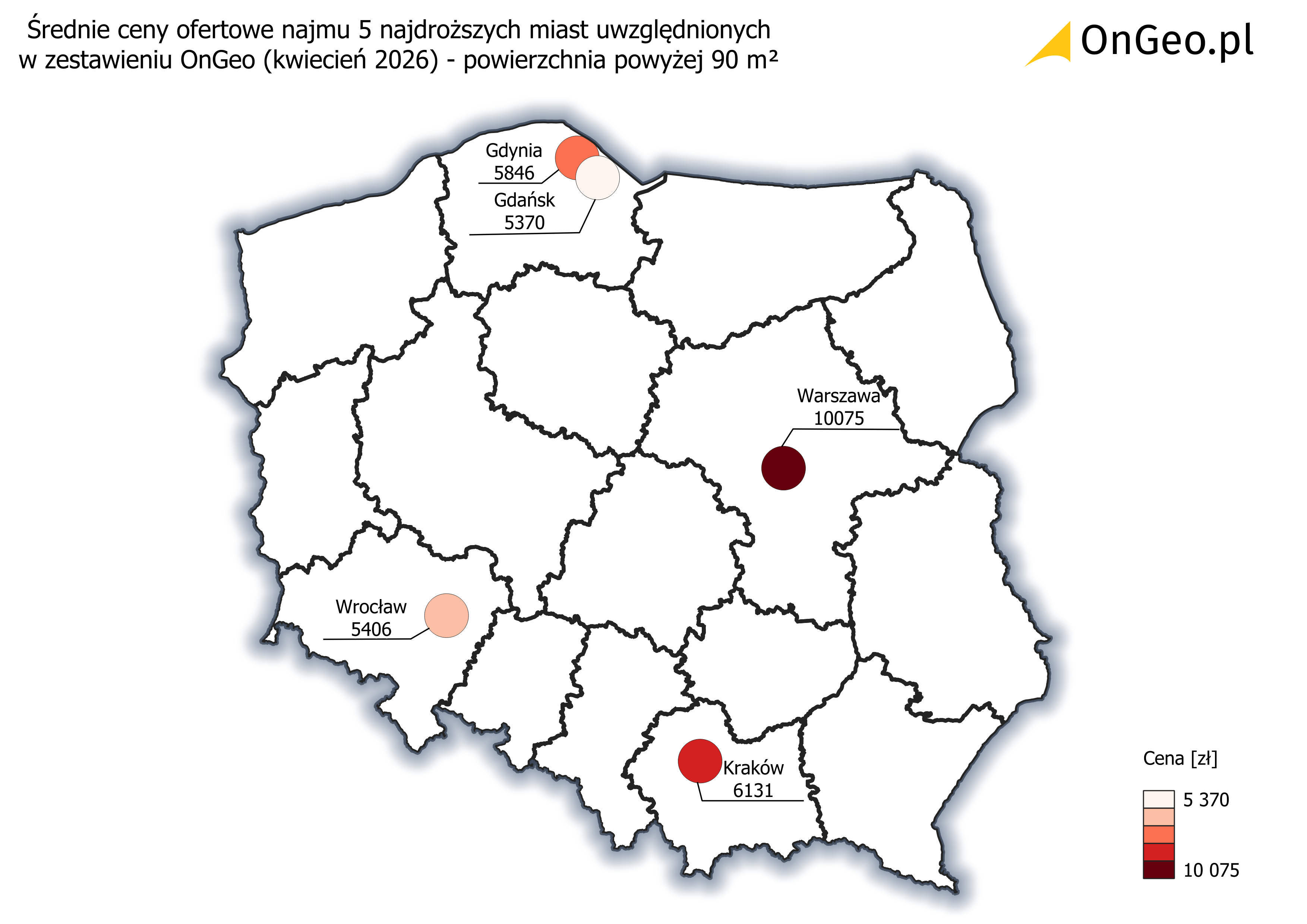 Średnie ceny ofertowe najmu >90 m² - 5 najdroższych miast, kwiecień 2026.