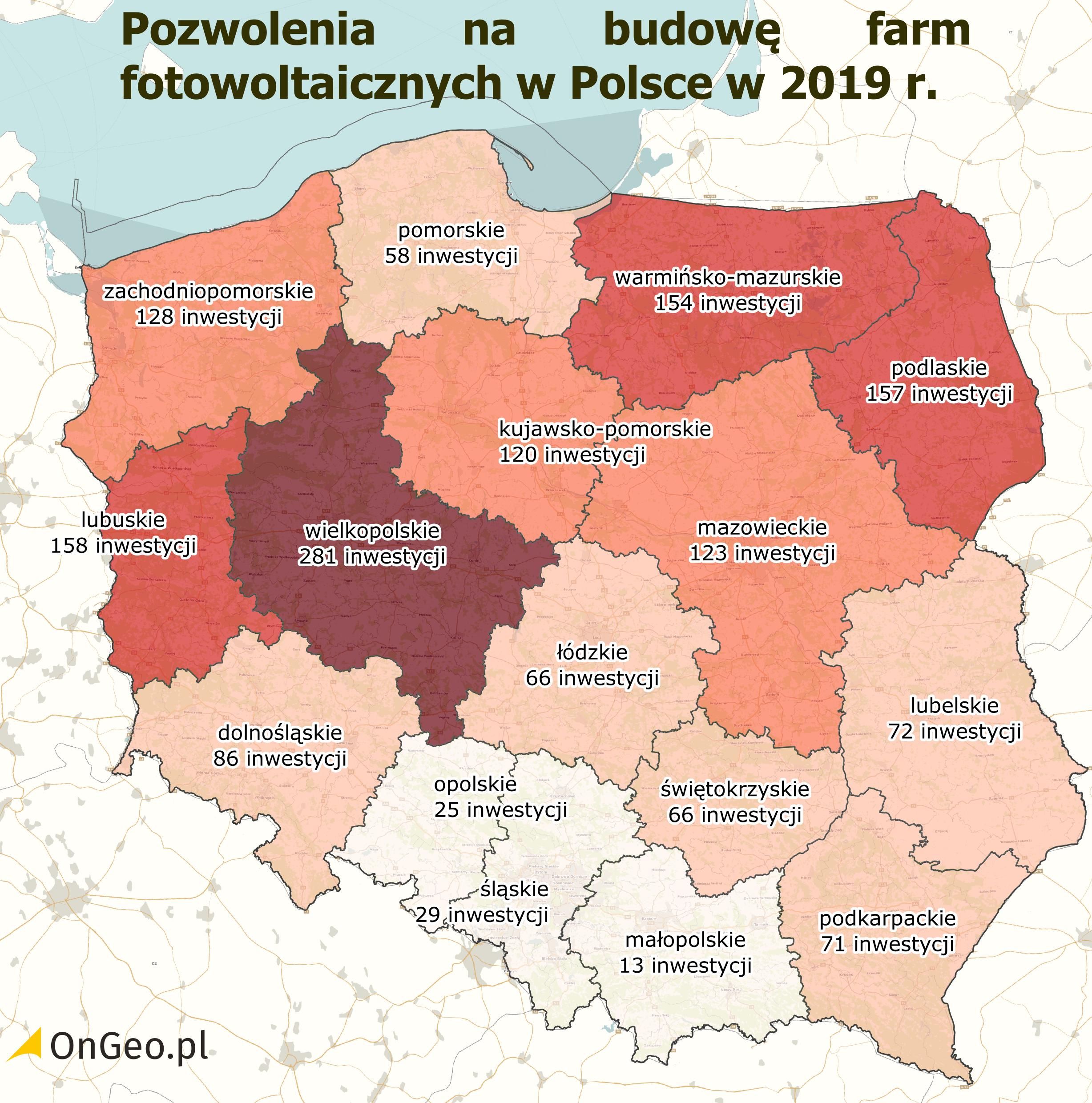 Mapa pozwoleń na budowę farm fotowoltaicznych w 2019 r.