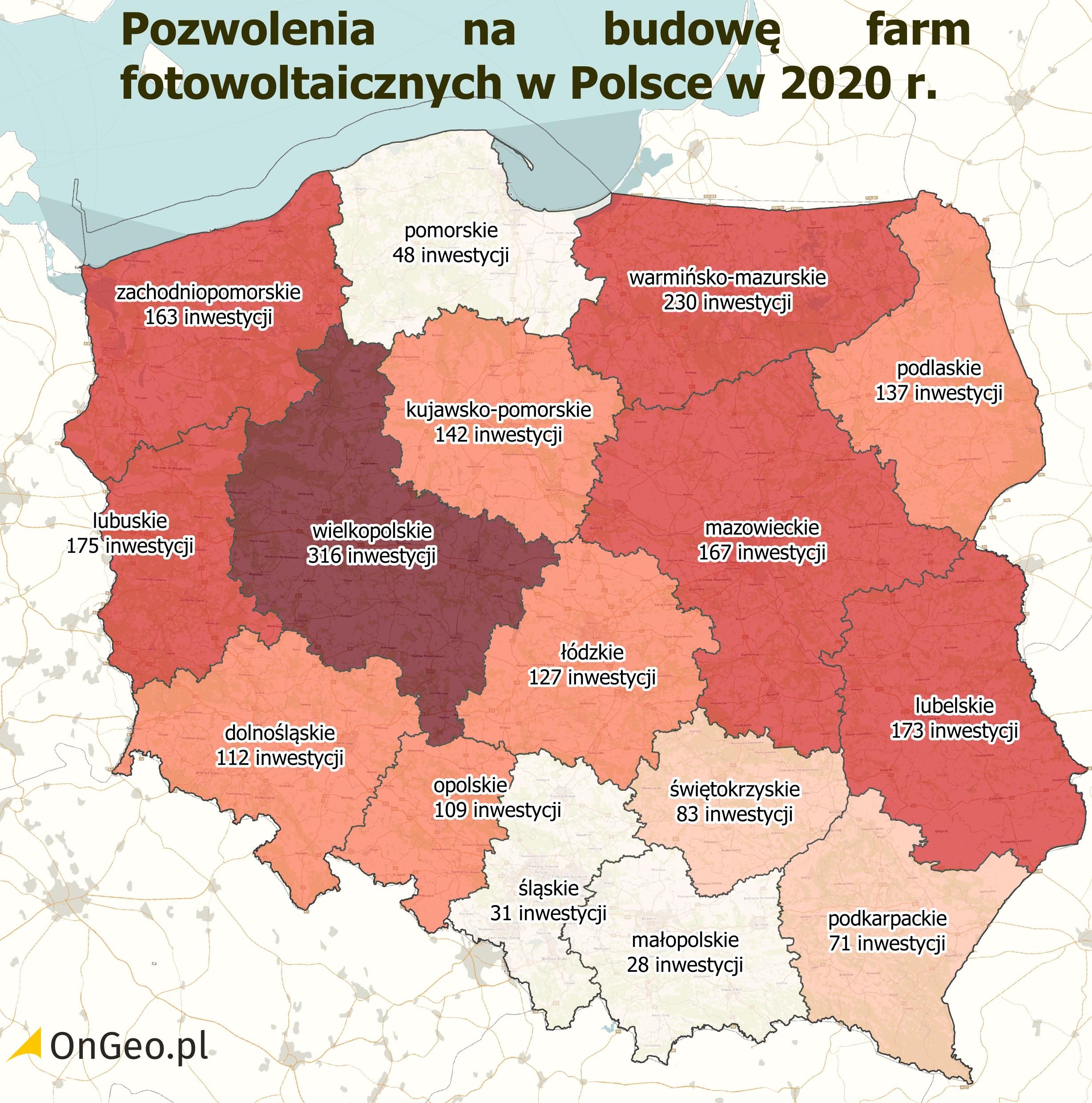 Mapa pozwoleń na budowę farm fotowoltaicznych w 2020 r.