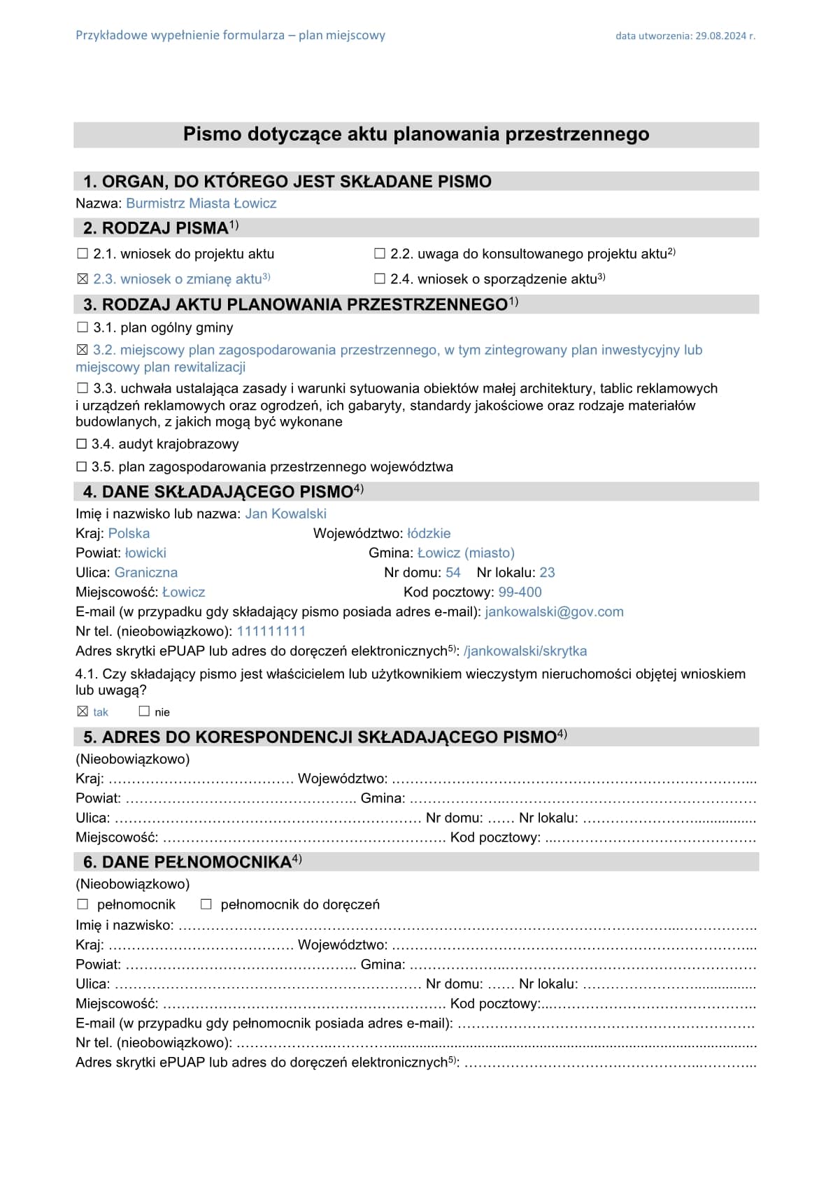 Część 1: Wypełniony przykładowy wniosek o zmianę miejscowego planu zagospodarowania przestrzennego