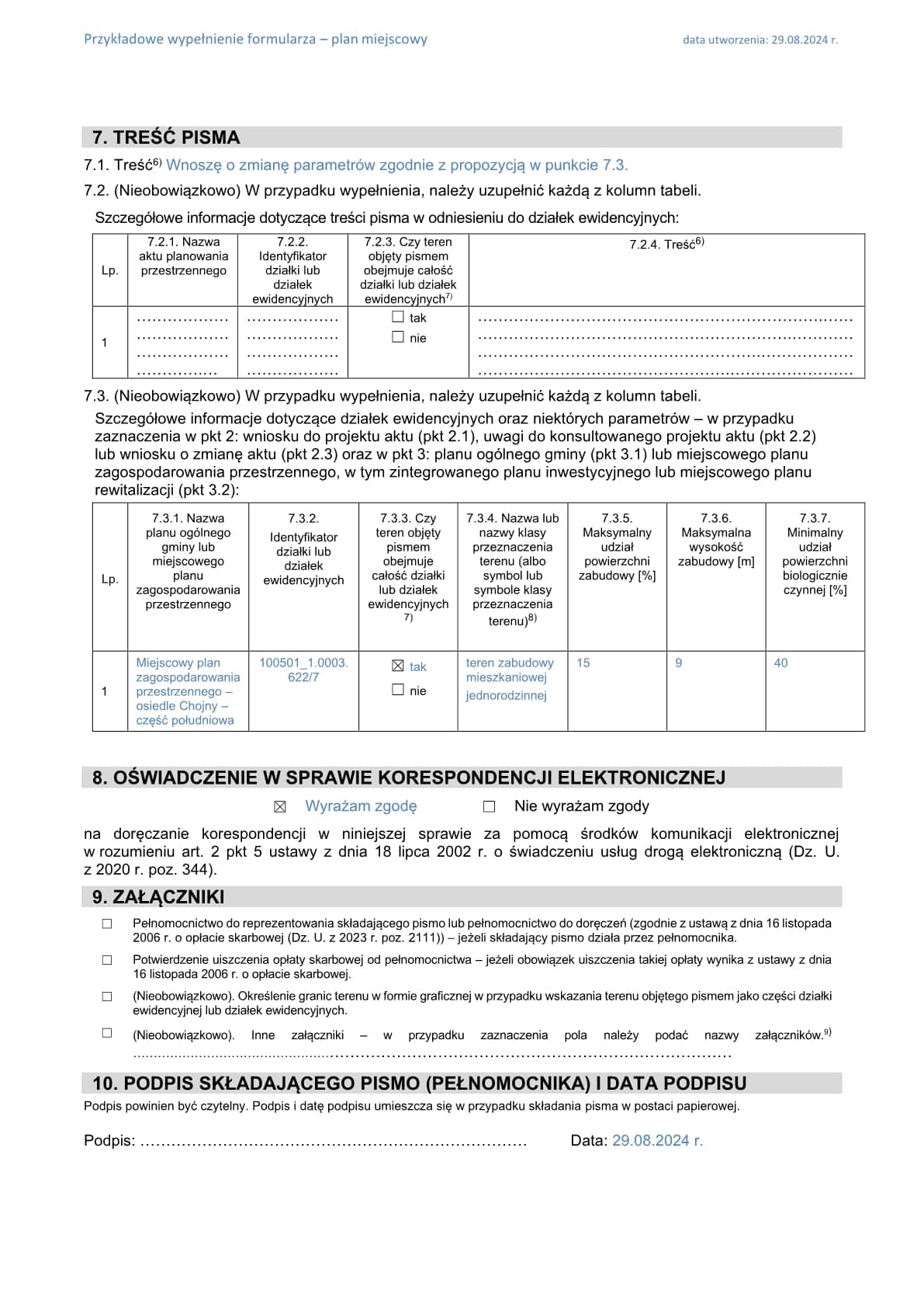 Część 2: Wypełniony przykładowy wniosek o zmianę miejscowego planu zagospodarowania przestrzennego