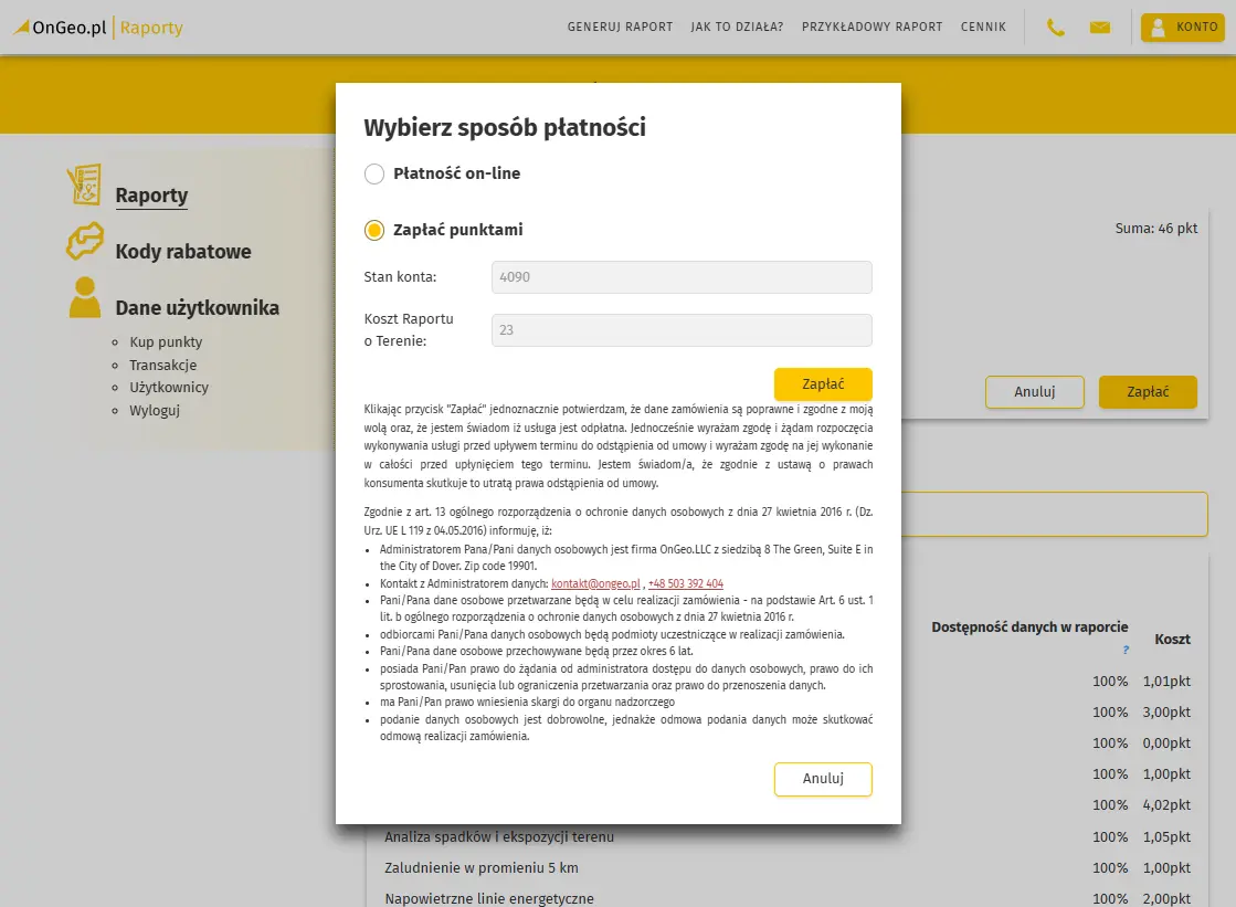 Płatność punktami za Raport o Terenie