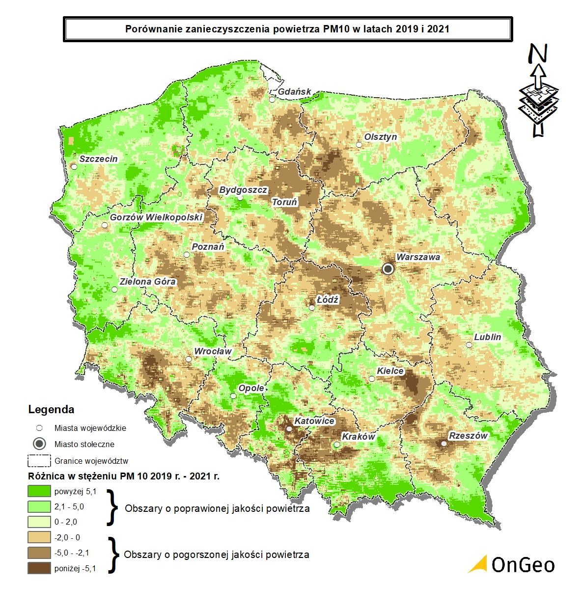 Porównanie zanieczyszczenia powietrza PM10 w latach 2019 i 2021