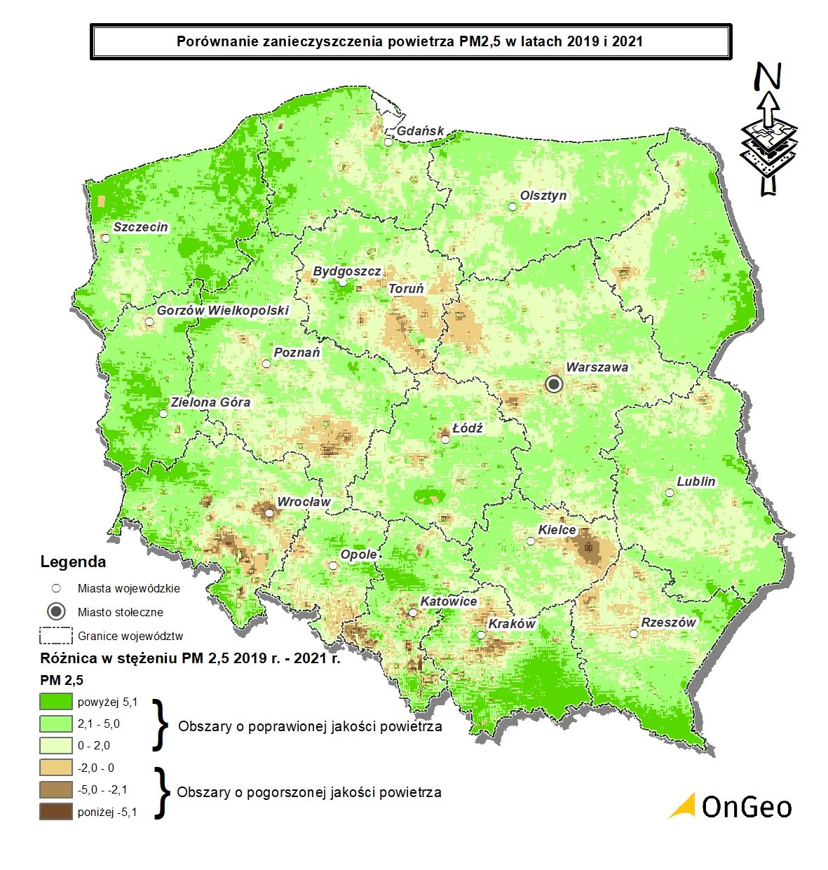 Porównanie zanieczyszczenia powietrza PM2,5 w latach 2019 i 2021