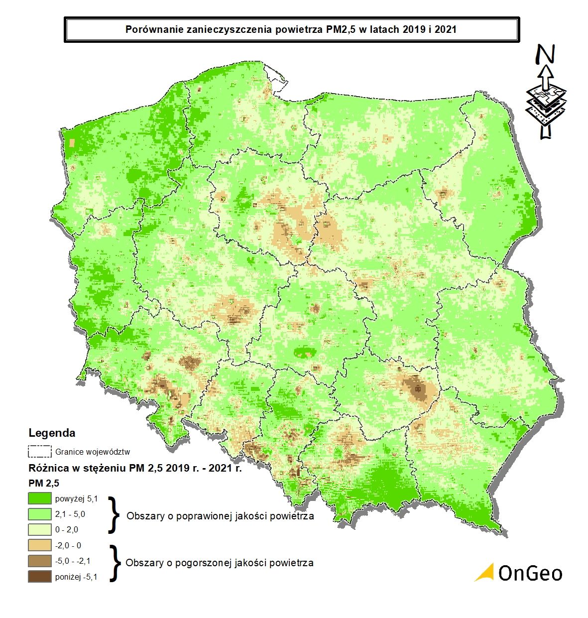Porównanie zanieczyszczenia powietrza PM2,5 w latach 2019 i 2021