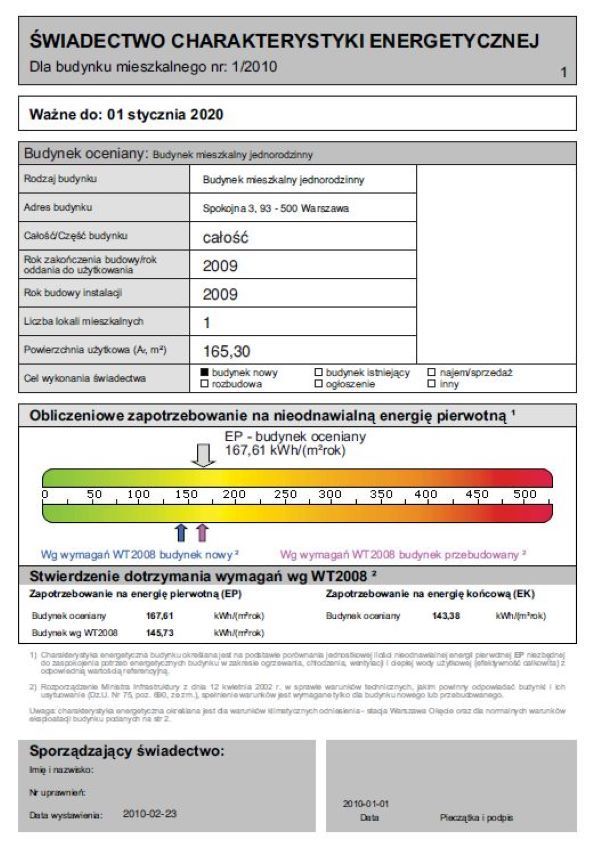 Przykładowe świadectwo energetyczne budynku jednorodzinnego