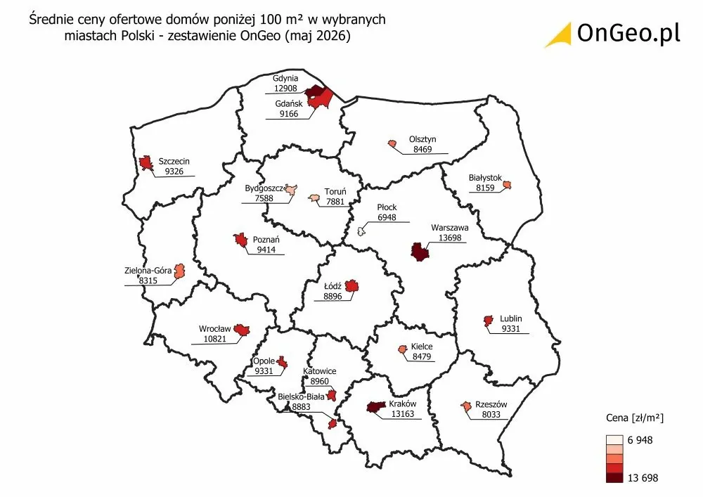 Średnie ceny ofertowe domów poniżej 100 m², maj 2026.