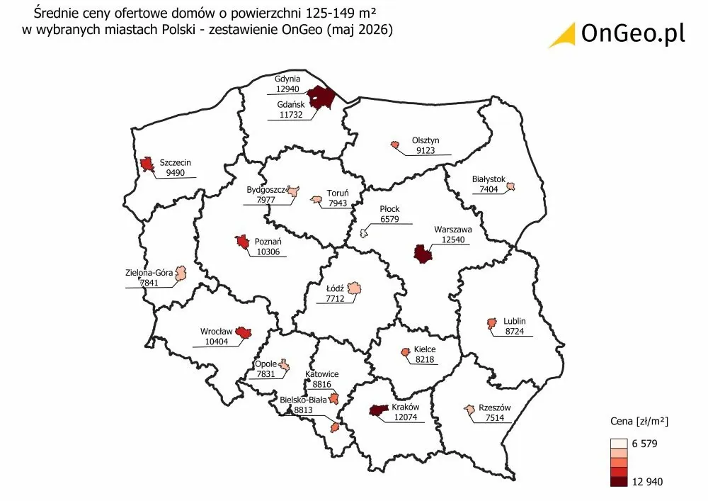 Średnie ceny ofertowe domów o powierzchni 125–149 m², maj 2026.