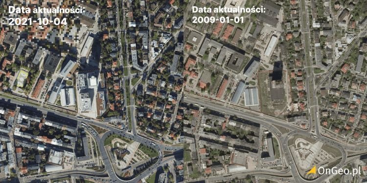 Porównanie ortofotomapy z 2009 r. z 2021 r “Szkieletor” Kraków