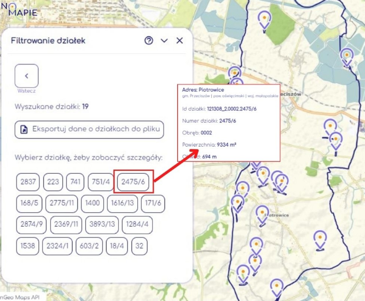 Dzięki narzędziu Filtrowanie działek w Geoportalu Na Mapie, udało się znaleźć działkę ogłoszeniodawcy