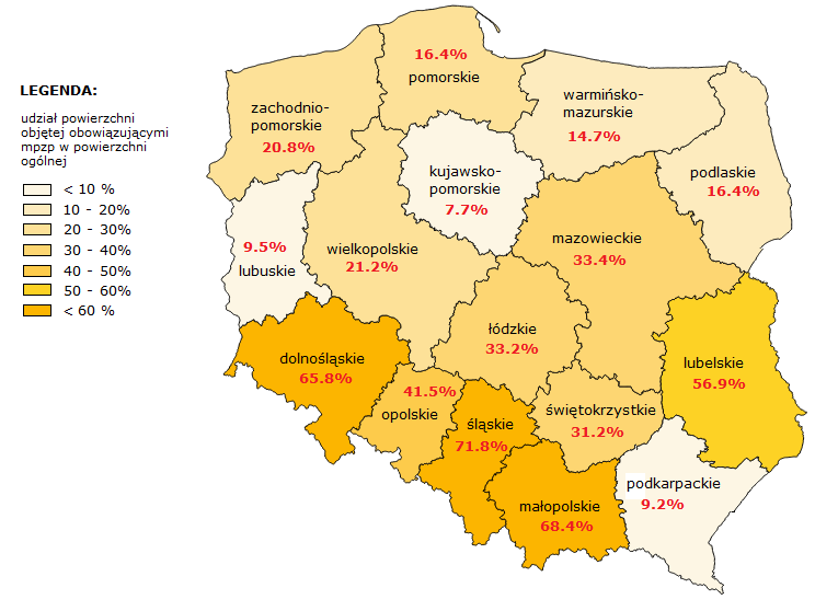 źródło: opracowanie własne na podstawie danych z BDL, udział udział powierzchni objętej obowiązującymi MPZP