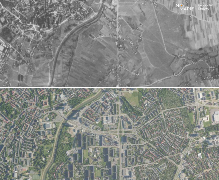 Okolice alei Tadeusza Rejtana w Rzeszowie. Ortofotomapa aktualna i z 1944 roku. /Na Mapie/