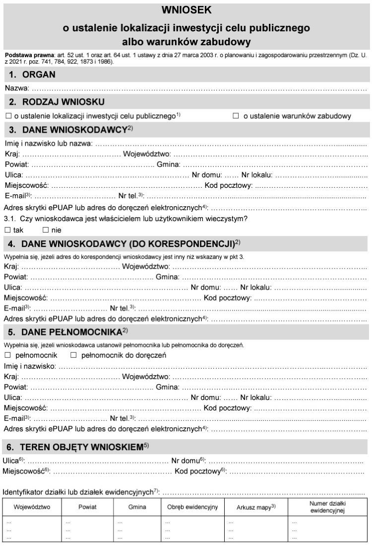 Wzór formularza wniosku o ustalenie lokalizacji inwestycji celu publicznego