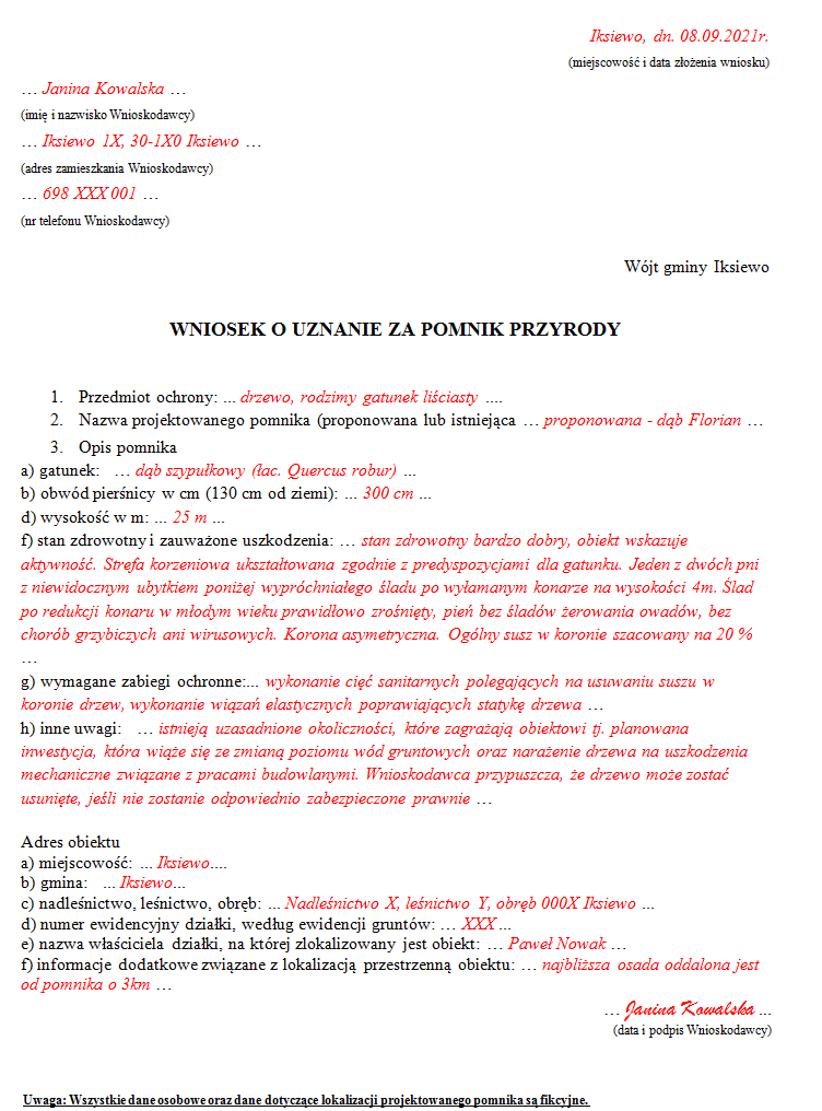wniosek o uznanie za pomnik przyrody