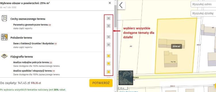 Wybierz wszystkie tematy dla działek dostępne w Raporcie o Terenie