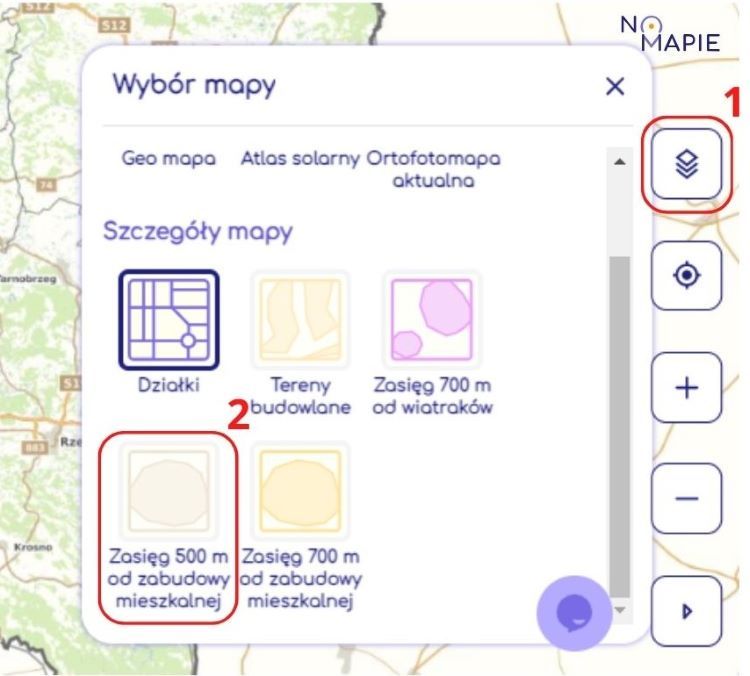 Wybierz Zasięg 500 m od zabudowy mieszkalnej, Na Mapie