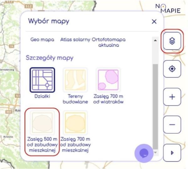 Zasięg 500 metrów wiatraków od zabudowy mieszkaniowej, Na Mapie