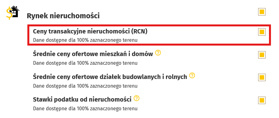 Temat Ceny transakcyjne nieruchomości (RCN) w Raporcie o terenie OnGeo.pl
