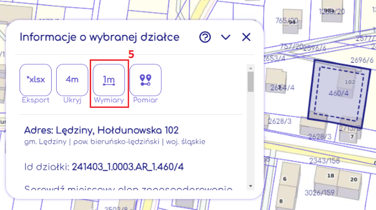 Zobacz aktualne wymiary działki. Wybierz “Wymiary” i zobacz, ile miejsca zostało na działce po zastosowaniu buforu