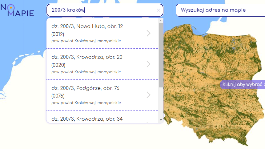 Wyszukiwarka działek w Geoportalu Krajowym Na Mapie