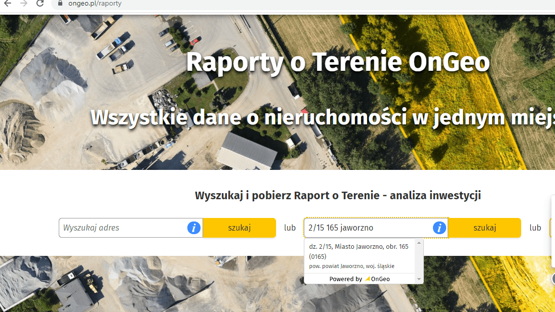 przykład wyszukiwania działki w portalu OnGeo.pl