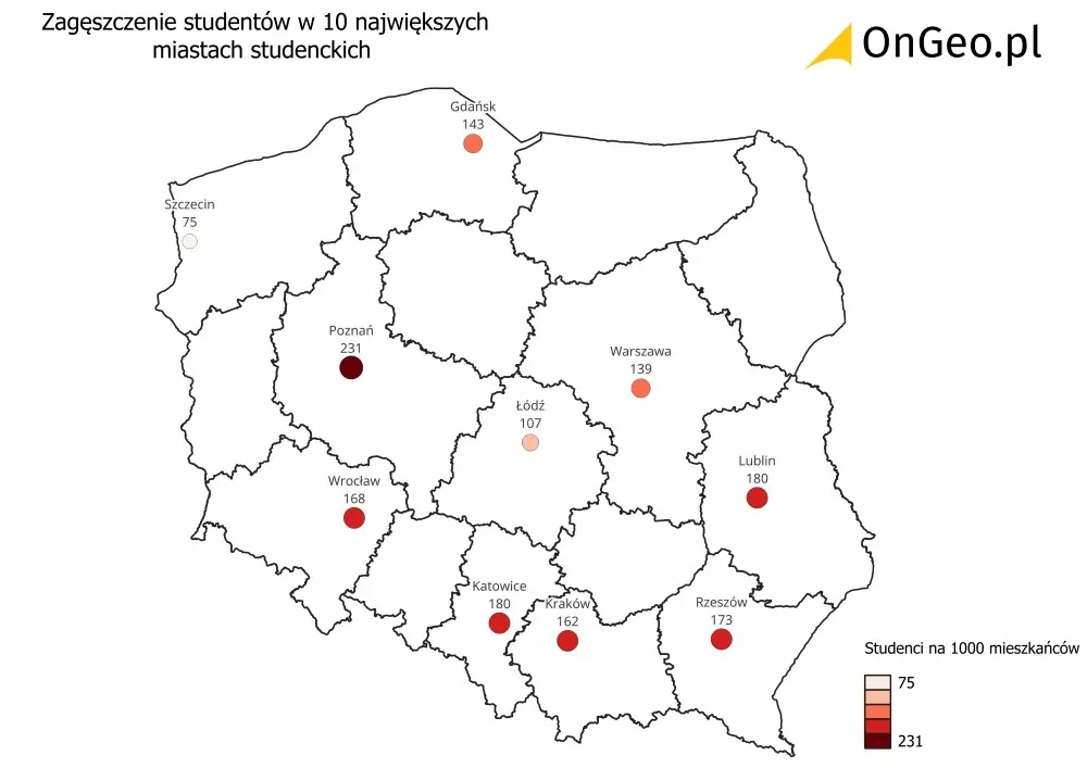 mapa zagęszczenie studentów polska studenci na 1000 mieszkańców 2024