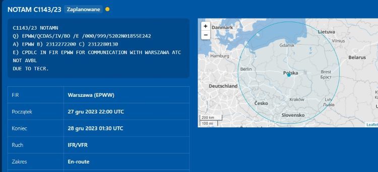 Komunikat NOTAM z 27 grudnia 2023 roku, źródło: metar-taf.com
