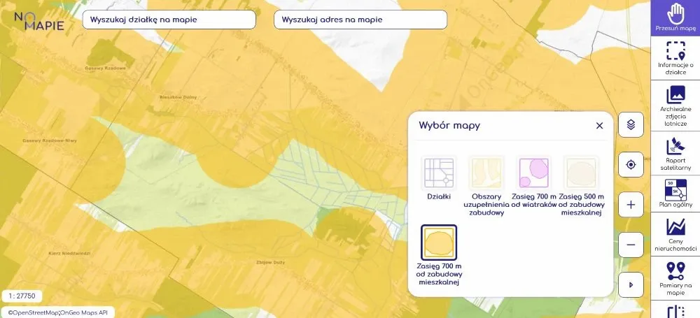 Warstwa „Zasięg 700 m od zabudowy mieszkalnej” dostępna bezpłatnie w Geoportalu Krajowym Na Mapie. Źródło: geoportal-krajowy.pl